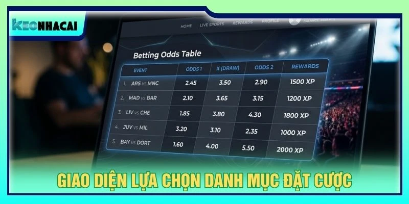 Giao diện lựa chọn danh mục đặt cược trực tuyến